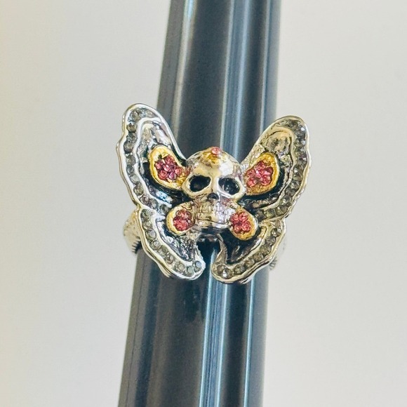 Evbea Gothic Skull Cocktail Ring Butterfly Biker Statement Chunky Silver pink - Picture 5 of 8